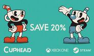 Cuphead in a Xbox One and Steam advertisement