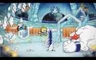 Mugman and Ms. Chalice fighting Mortimer Freeze