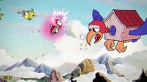 Cuphead parrying a pink bird in avary action