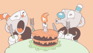 Mugman and Cuphead trying to blow out the candle in the Cuphead Turns One! image