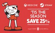 Cuphead pulling his pants up in the 'Tis The Season Save 25% advertisement