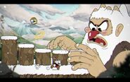 Cuphead and Ms. Chalice fighting Glumstone The Giant