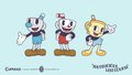 Wallpaper with Cuphead, Mugman & Ms. Chalice in fromt of a baby blue background