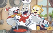 Cuphead with Mugman, Ms. Chalice and Chef Saltbaker in the DLC trailer