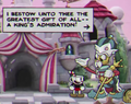 The King awarding Cuphead the King's Admiration achievement