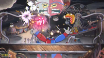 Cuphead parrying a pink dog-balloon