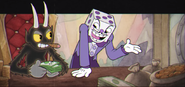 The Devil and King Dice discussing Cuphead and Mugman's progress.